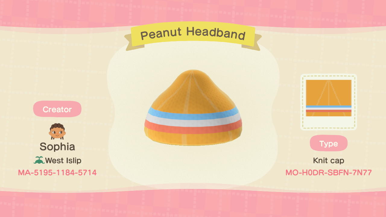 Animal Crossing Design Code: MO-H0DR-SBFN-7N77 Peanut Headband