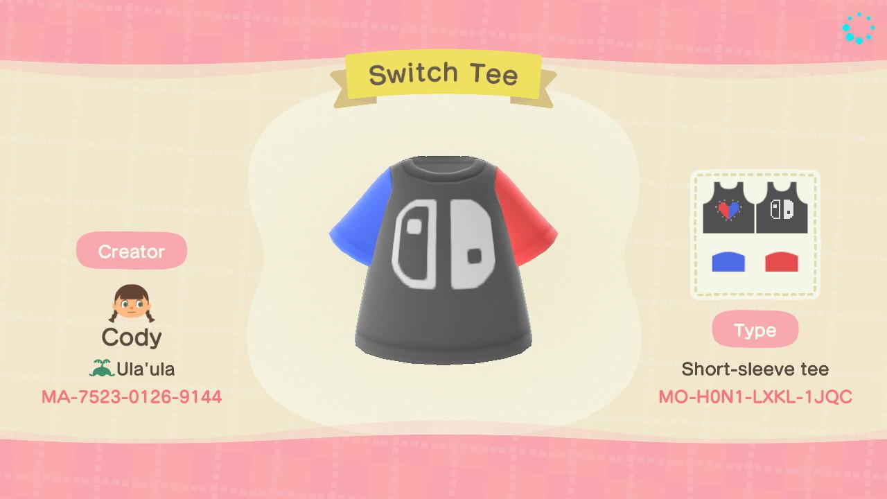Animal Crossing Design Code: MO-H0N1-LXKL-1JQC Switch Tee