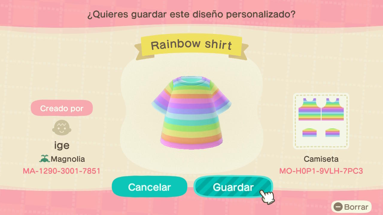 Animal Crossing Design Code: MO-H0P1-9VLH-7PC3 Pastel Rainbow Shirt