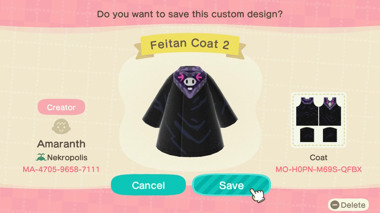 Animal Crossing Design Code: MO-H0PN-M69S-QFBX Feitan Coat 2