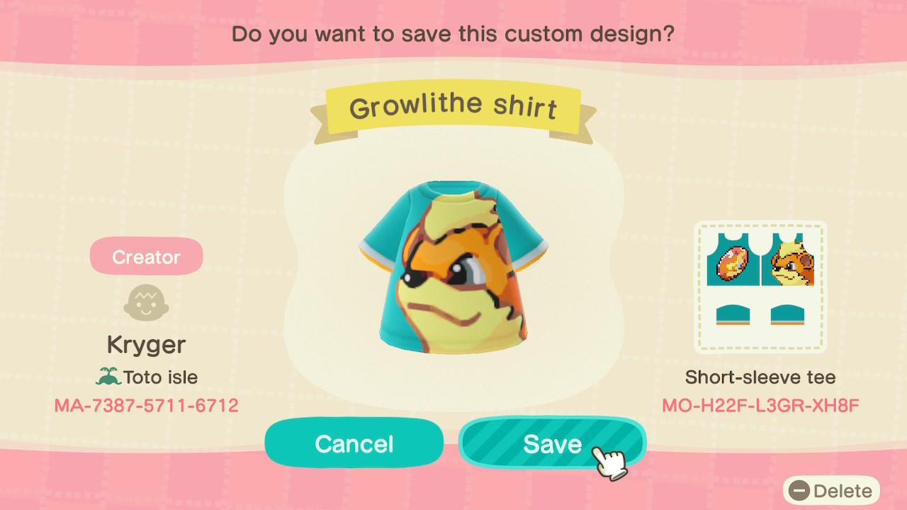 Animal Crossing Design Code: MO-H22F-L3GR-XH8F Growlithe shirt