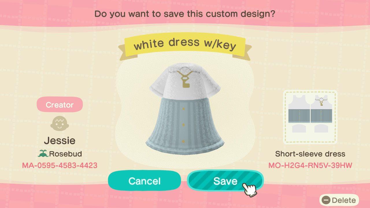 Animal Crossing Design Code: MO-H2G4-RN5V-39HW white dress w/key