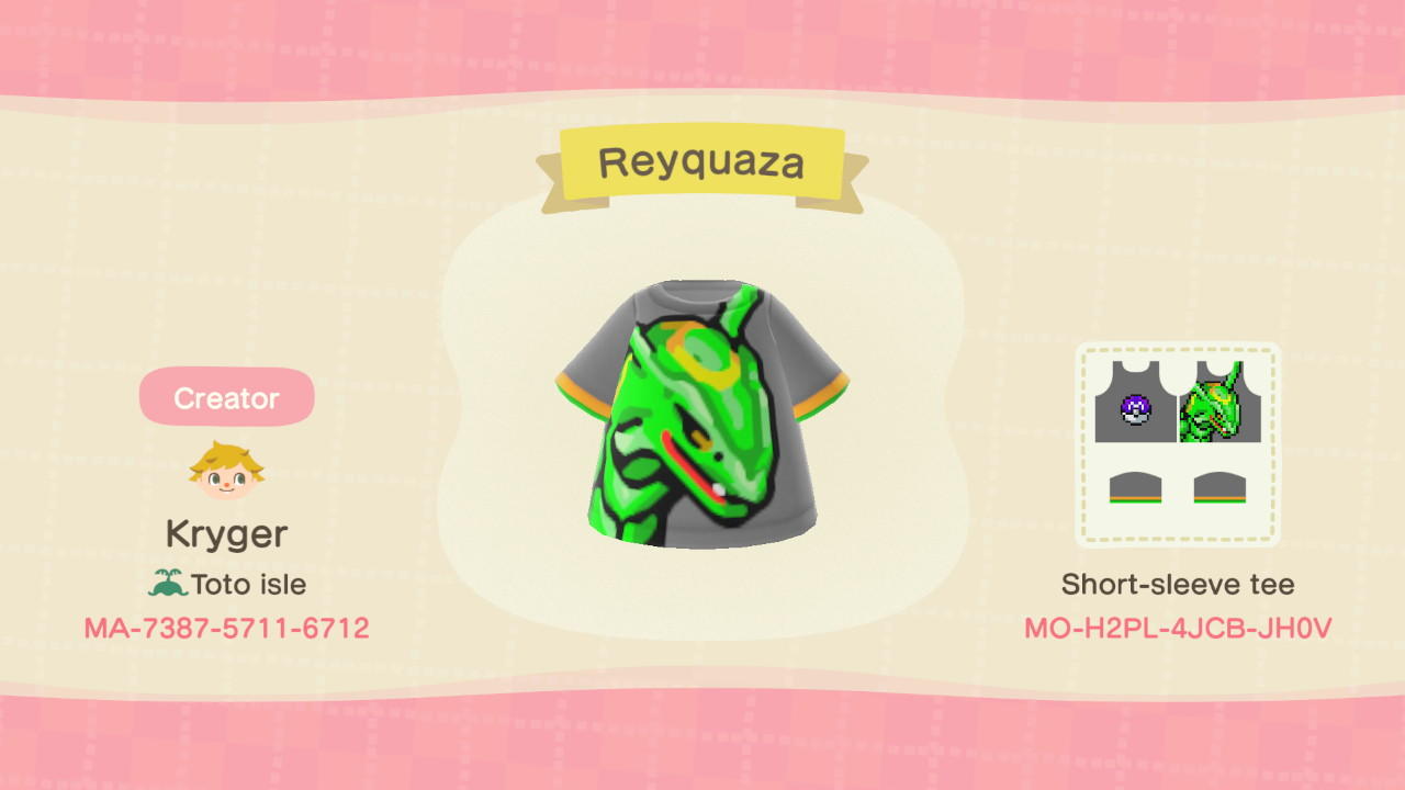 Animal Crossing Design Code: MO-H2PL-4JCB-JH0V Reyquaza shirt