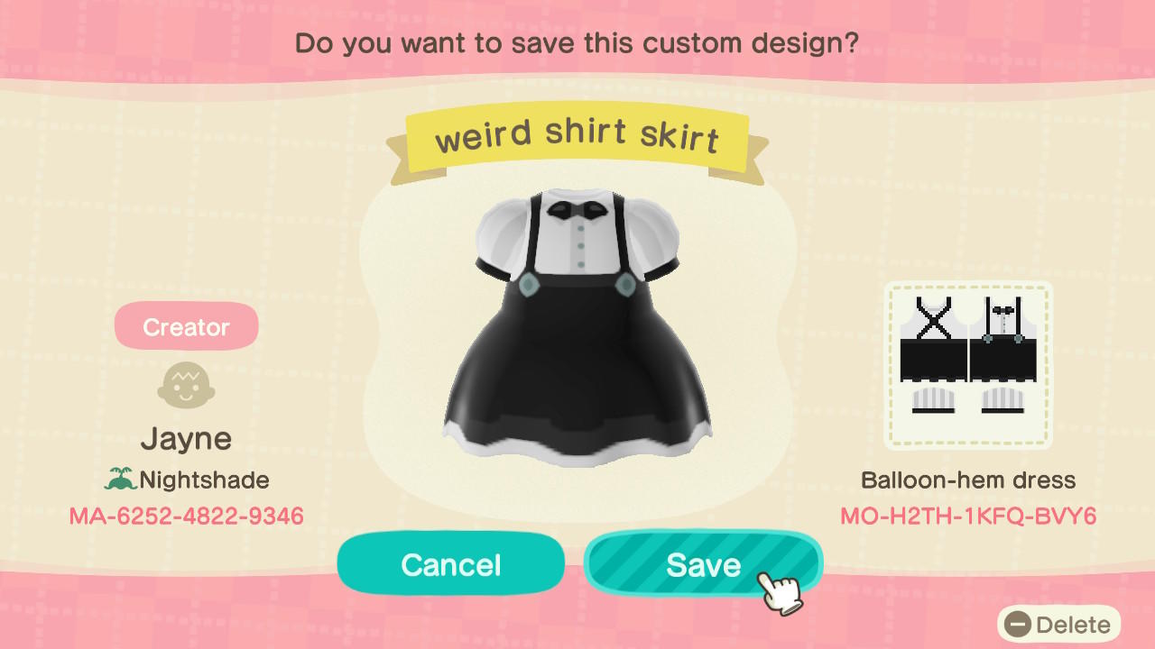 Animal Crossing Design Code: MO-H2TH-1KFQ-BVY6 Weird Shirt Skirt