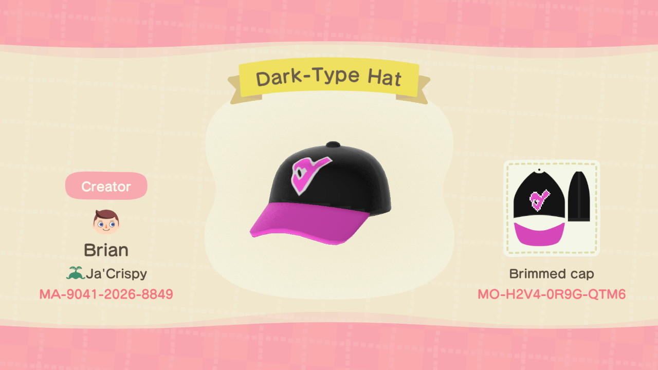 Animal Crossing Design Code: MO-H2V4-0R9G-QTM6 Dark-Type Hat