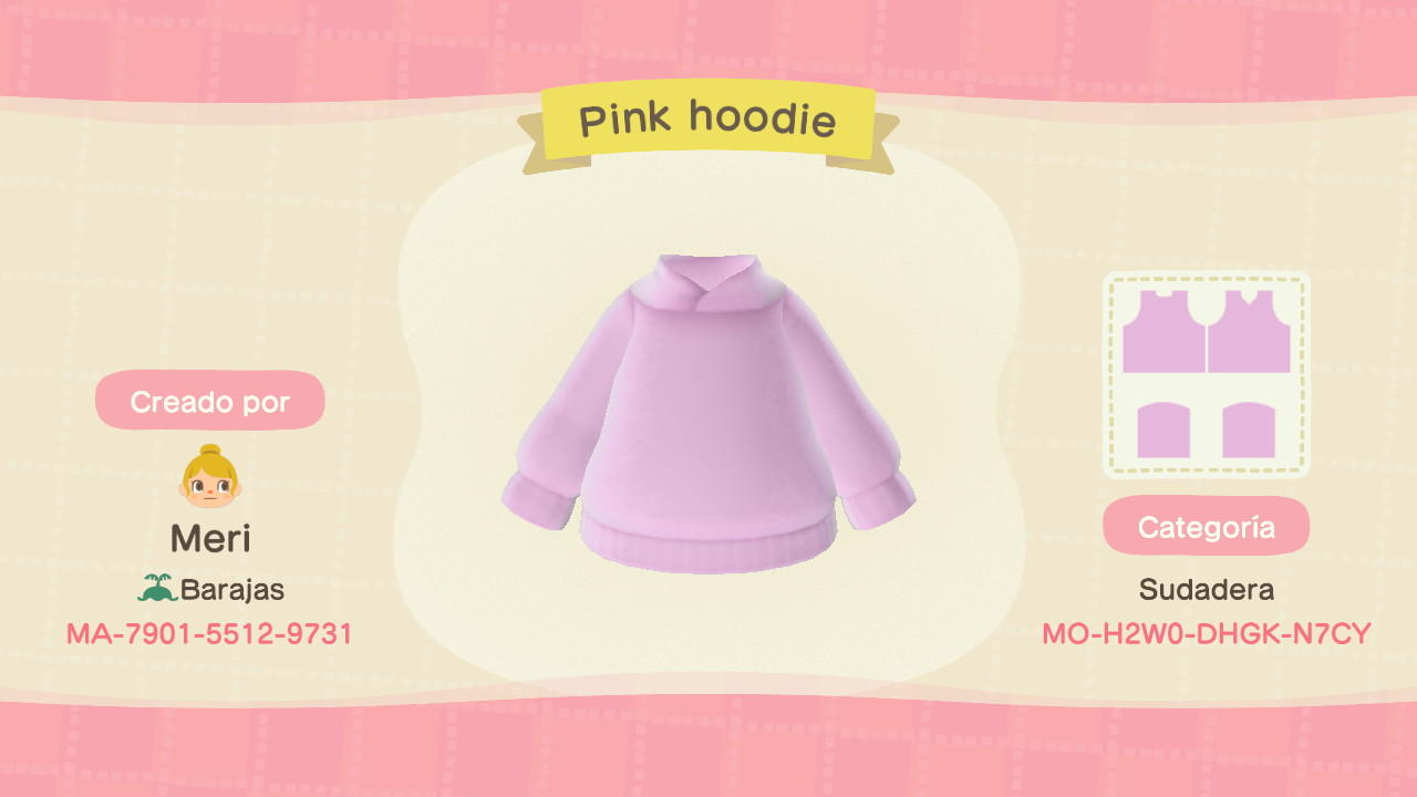 Animal Crossing Design Code: MO-H2W0-DHGK-N7CY Pink hoodie