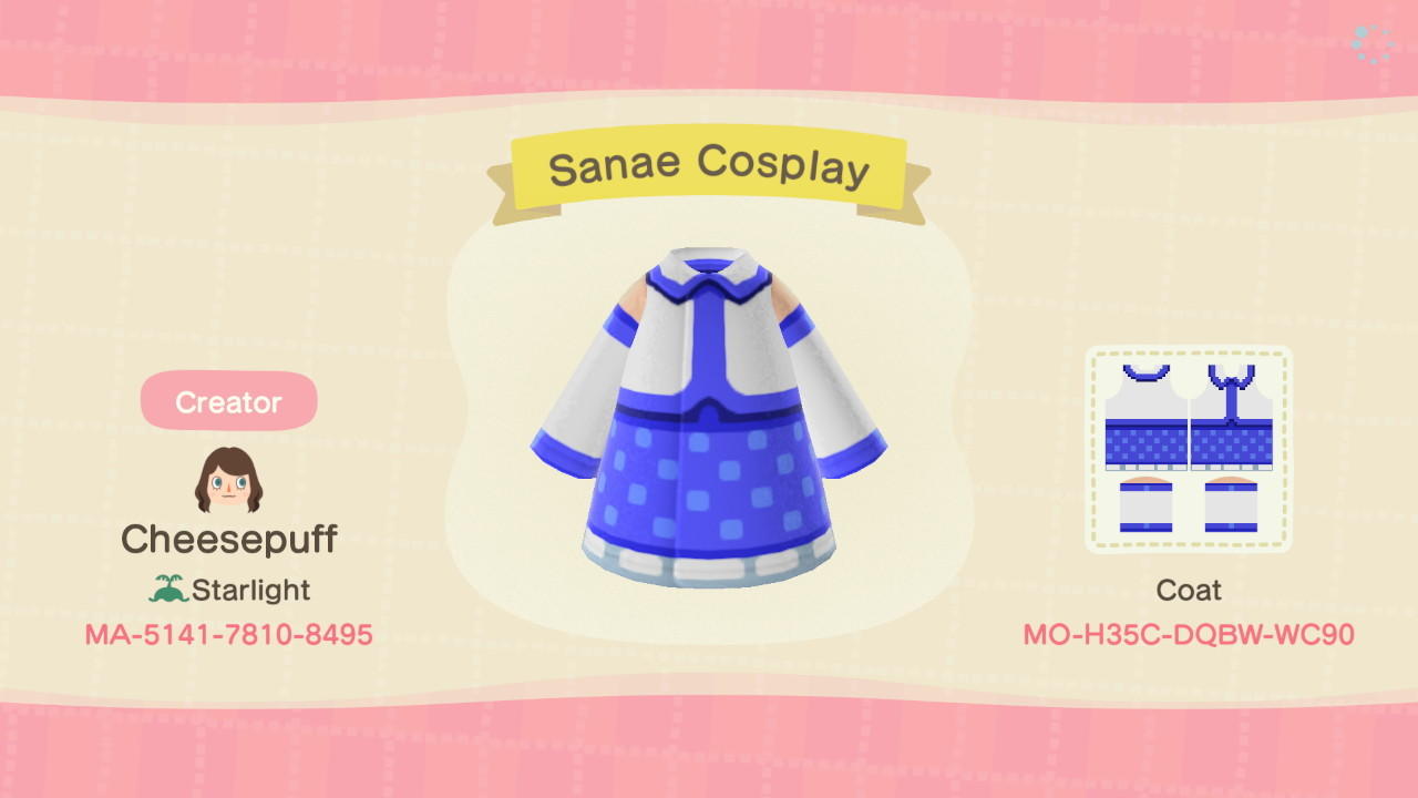 Animal Crossing Design Code: MO-H35C-DQBW-WC90 Touhou Sanae