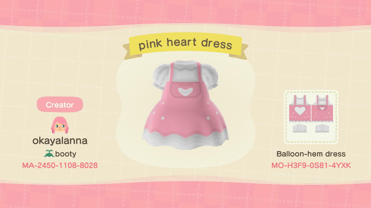 Animal Crossing Design Code: MO-H3F9-0S81-4YXK Pink Heart Dress