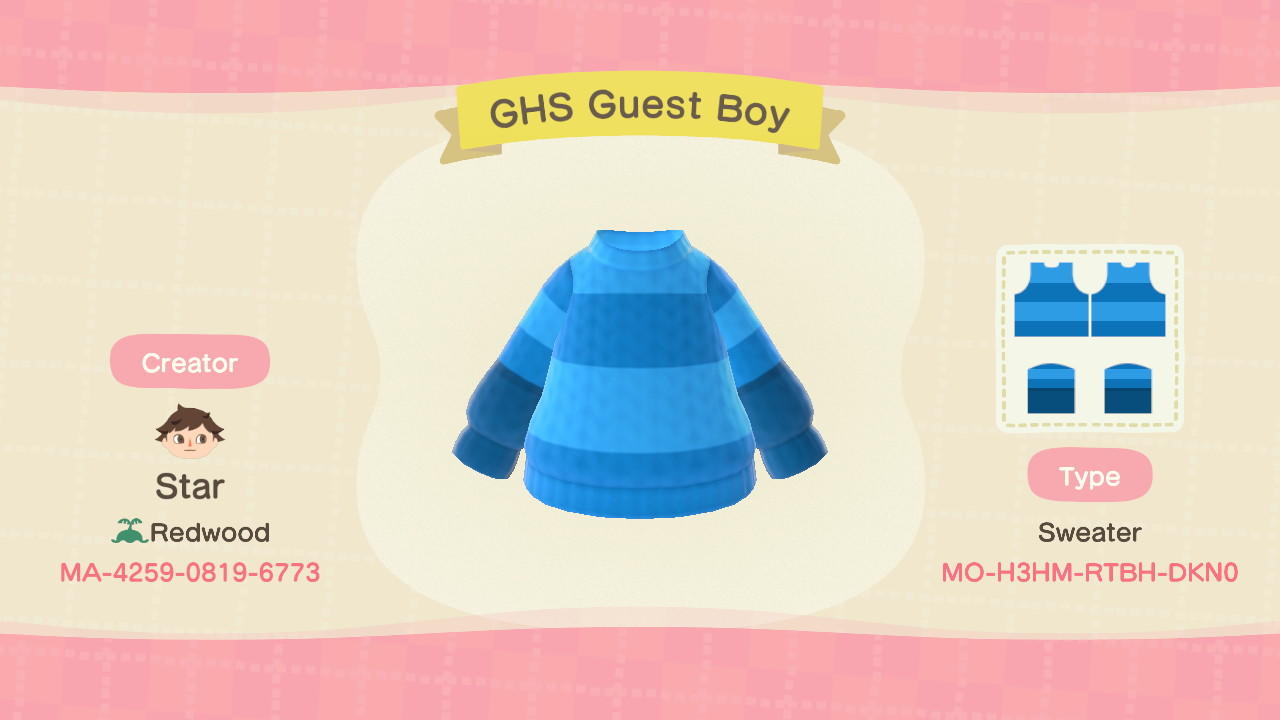 Animal Crossing Design Code: MO-H3HM-RTBH-DKN0 GHS Guest Boy