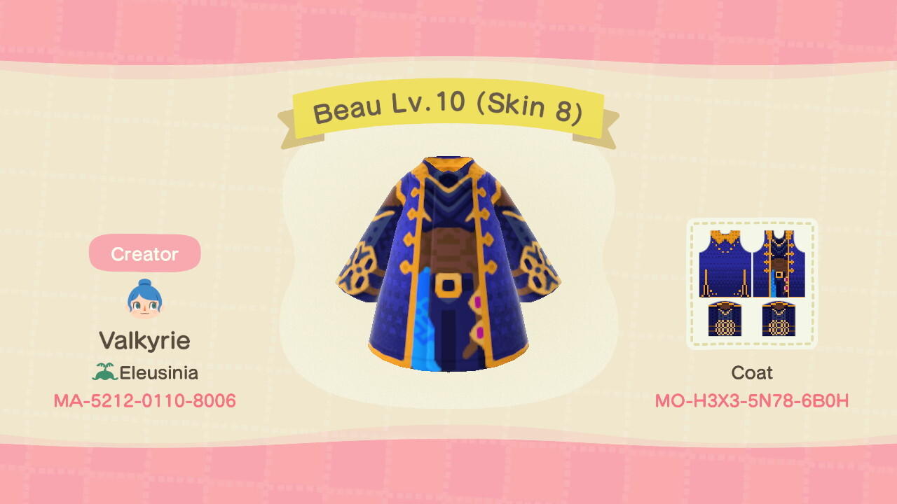 Animal Crossing Design Code: MO-H3X3-5N78-6B0H Beau Lv.10 (Skin 8)
