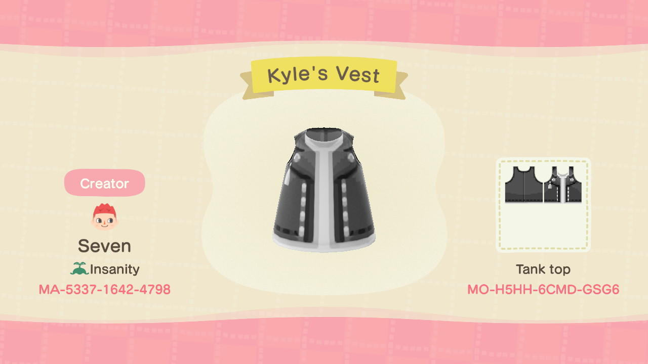 Animal Crossing Design Code: MO-H5HH-6CMD-GSG6 Kyle&#39;s Vest