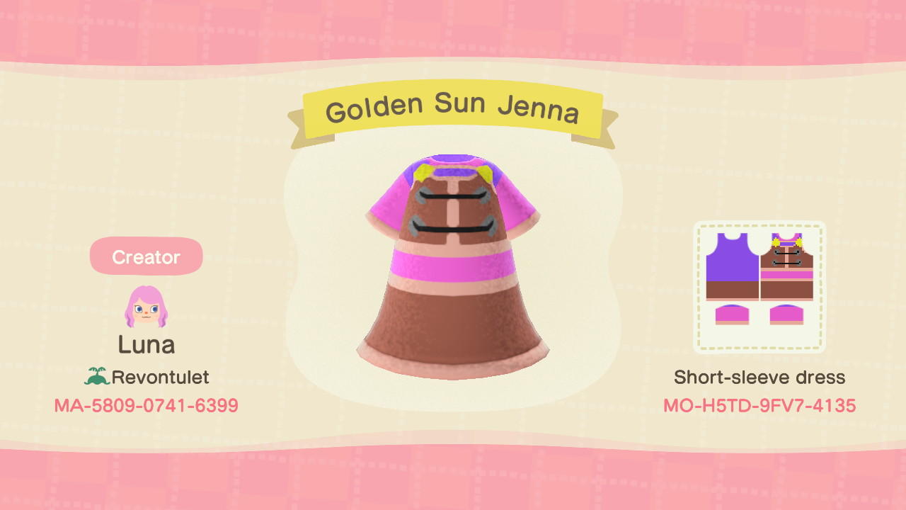 Animal Crossing Design Code: MO-H5TD-9FV7-4135 Golden Sun Jenna