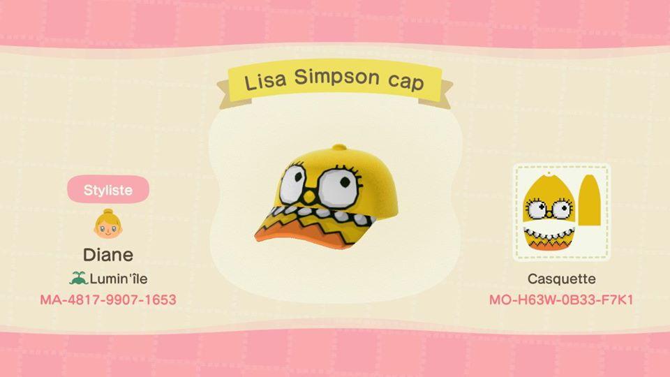 Animal Crossing Design Code: MO-H63W-0B33-F7K1 Lisa simpson cap