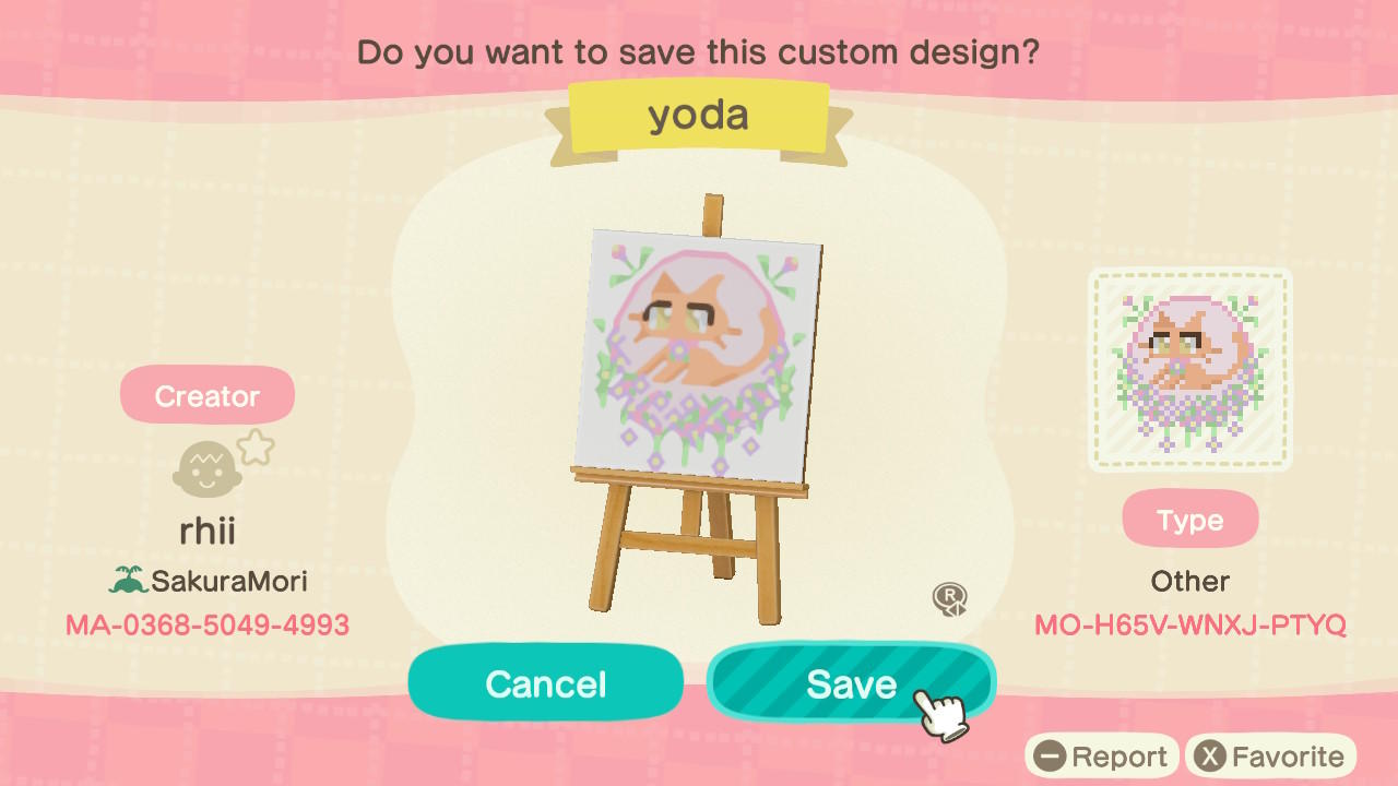 Animal Crossing Design Code: MO-H65V-WNXJ-PTYQ Yoda