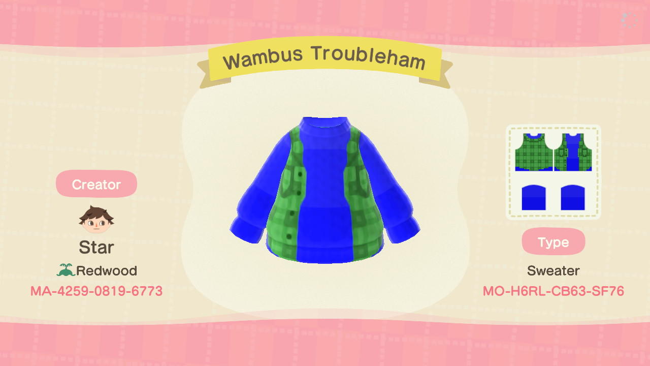 Animal Crossing Design Code: MO-H6RL-CB63-SF76 Wambus Troubleham