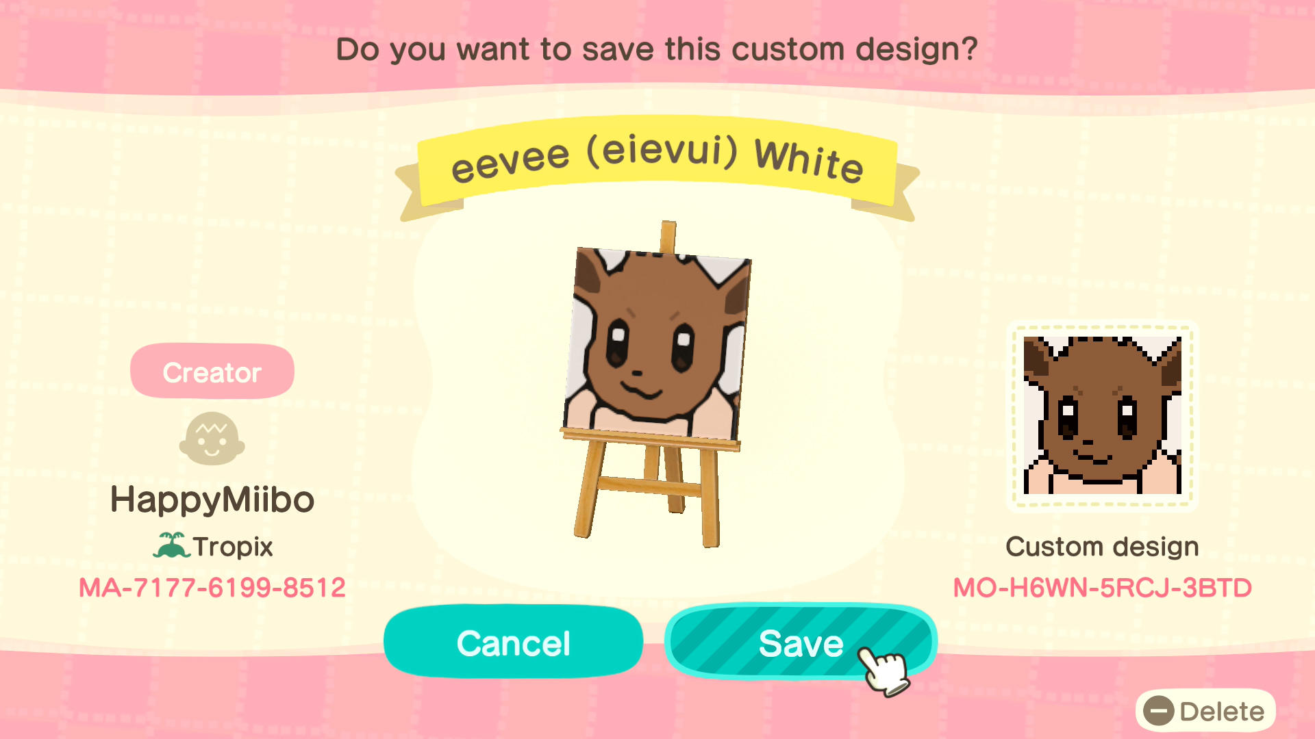Animal Crossing Design Code: MO-H6WN-5RCJ-3BDT Eevee (WhiteBG) PMD