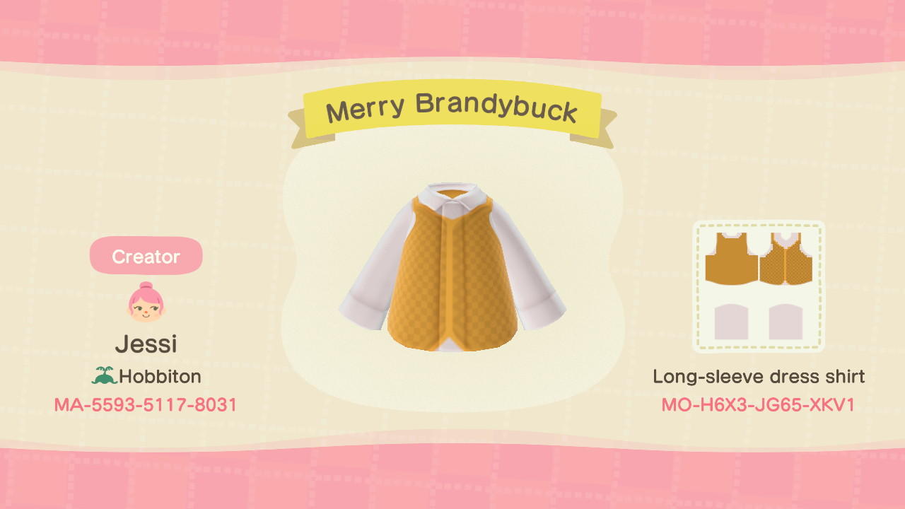 Animal Crossing Design Code: MO-H6X3-JG65-XKV1 Merry Brandybuck v1