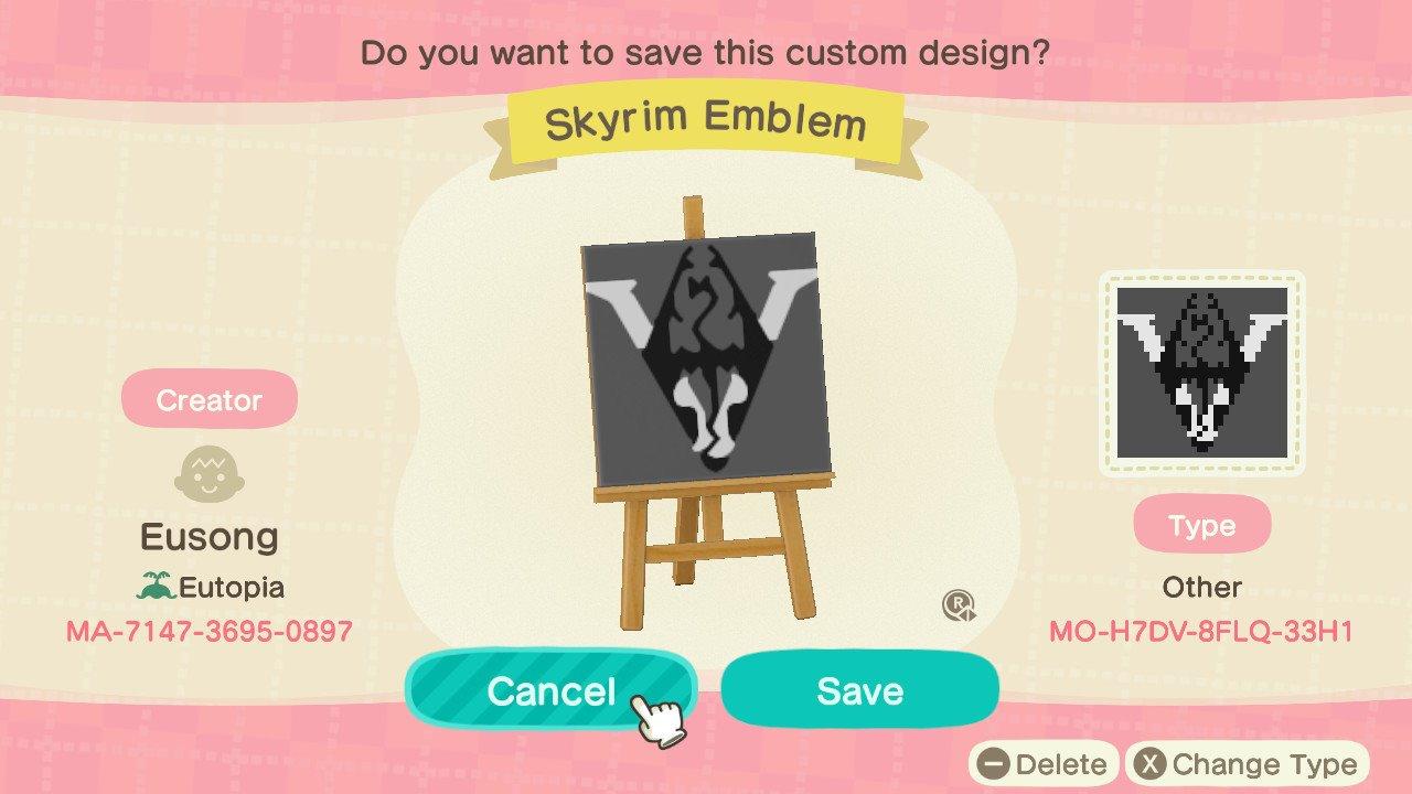Animal Crossing Design Code: MO-H7DV-8FLQ-33H1 Skyrim Emblem V