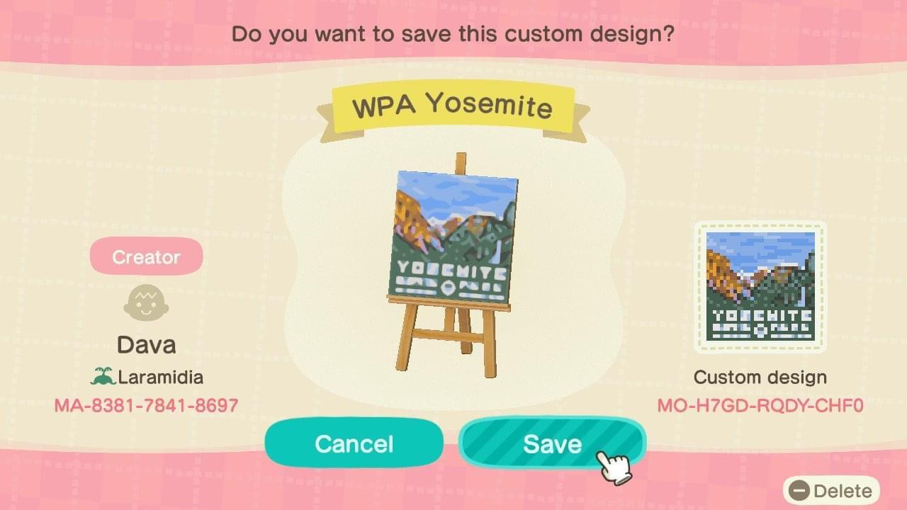 Animal Crossing Design Code: MO-H7GD-RQDY-CHF0 WPA Yosemite Nl Park