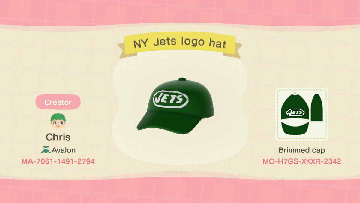 Animal Crossing Design Code: MO-H7GS-XKXR-2342 NY Jets Logo hat