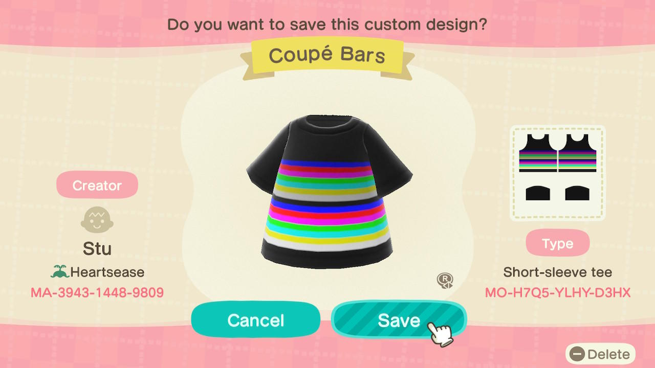 Animal Crossing Design Code: MO-H7Q5-YLHY-D3HX Coupé Bars