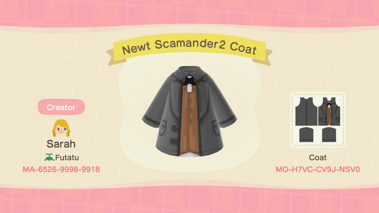 Animal Crossing Design Code: MO-H7VC-CV9J-NSV0 Newt Scamander Coat2