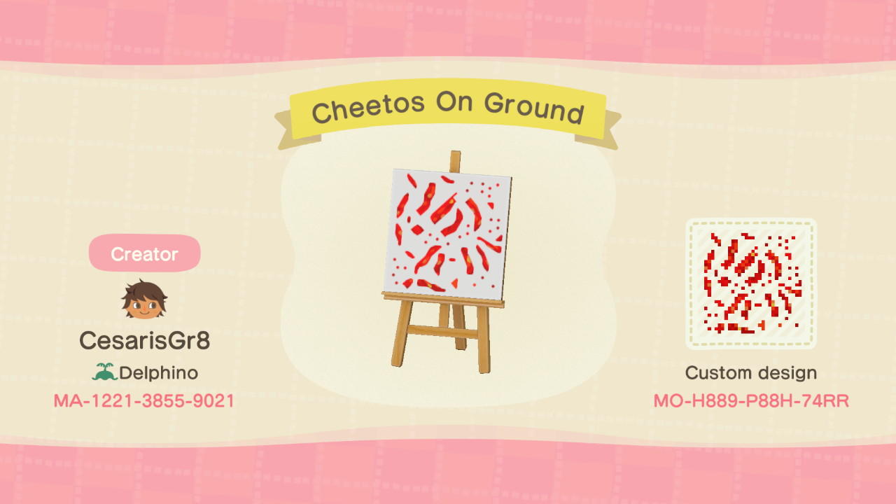 Animal Crossing Design Code: MO-H889-P88H-74RR Cheetos on Ground