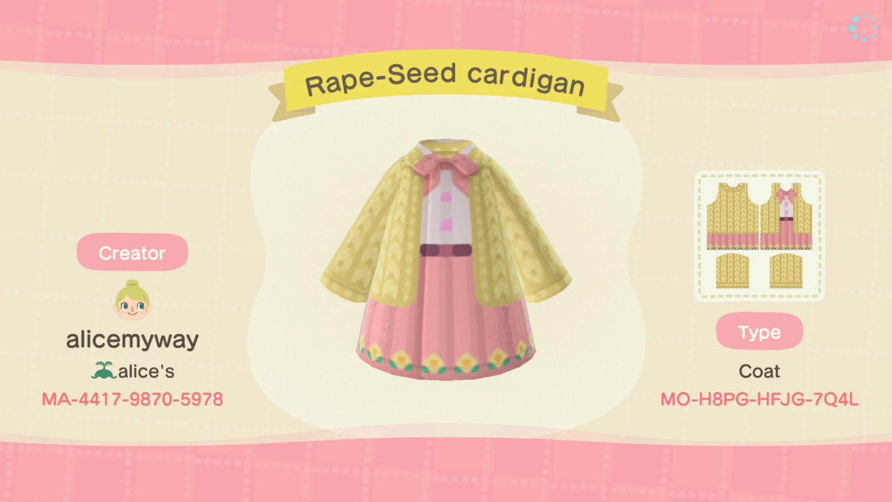 Animal Crossing Design Code: MO-H8PG-HFJG-7Q4L Rape-Seed Cardigan