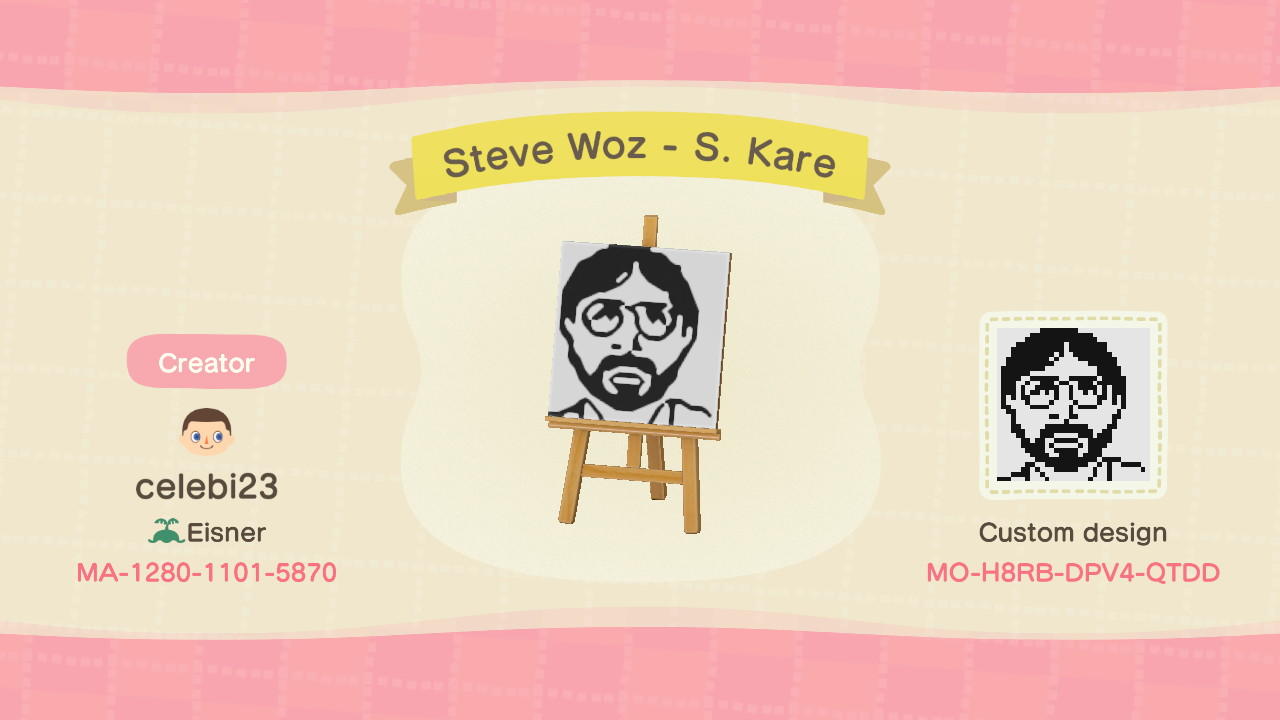 Animal Crossing Design Code: MO-H8RB-DPV4-QTDD Steve Woz - S. Kare
