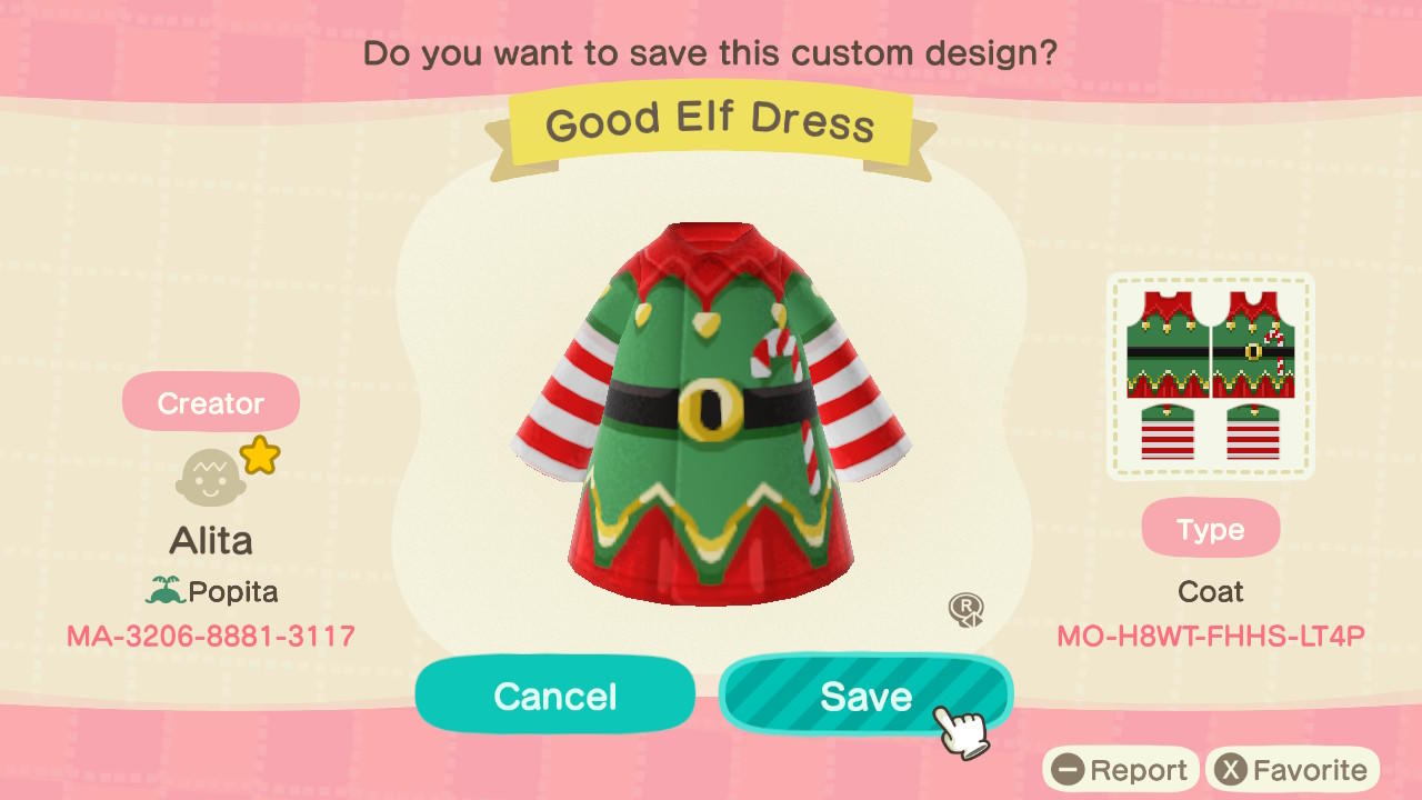 Animal Crossing Design Code: MO-H8WT-FHHS-LT4P Good Elf Dress