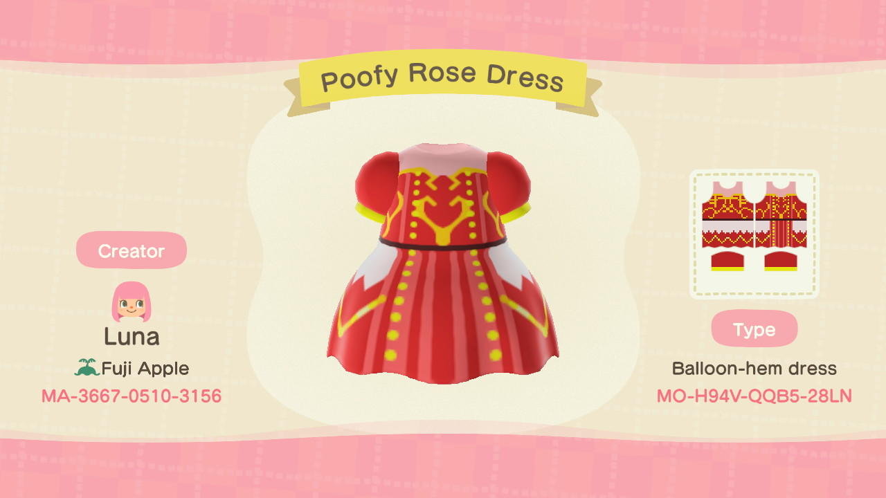 Animal Crossing Design Code: MO-H94V-QQB5-28LN Poofy Rose Dress