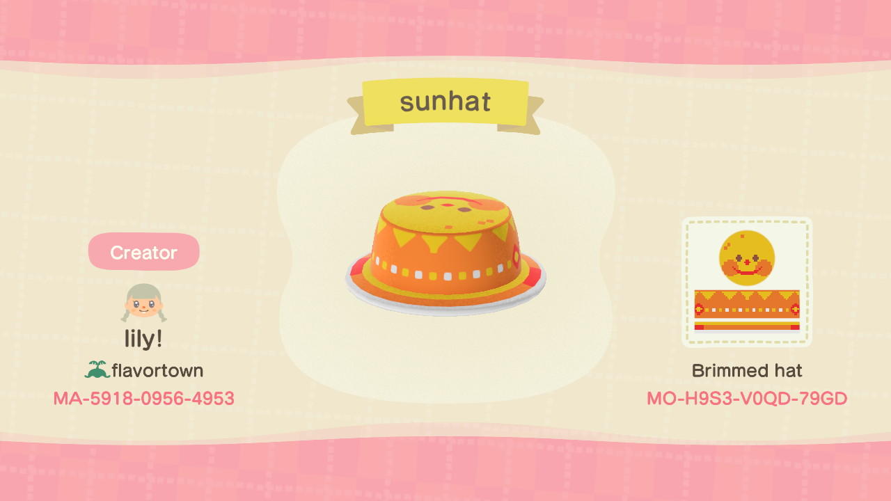 Animal Crossing Design Code: MO-H9S3-V0QD-79GD Sunhat