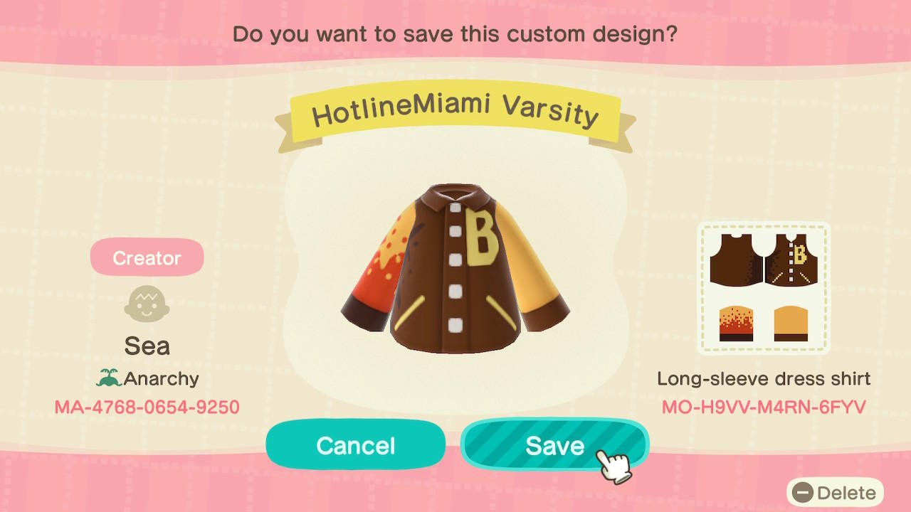 Animal Crossing Design Code: MO-H9VV-M4RN-6FYV HotlineMiami Varsity