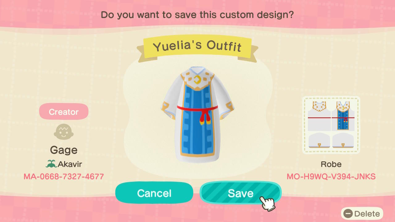 Animal Crossing Design Code: MO-H9WQ-V394-JNKS Yuelia&#39;s Outfit
