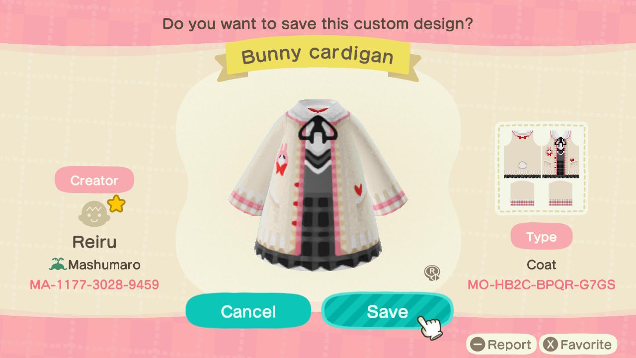 Animal Crossing Design Code: MO-HB2C-BPQR-G7GS Bunny Cardigan