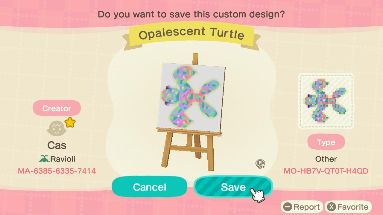 Animal Crossing Design Code: MO-HB7V-QT0T-H4QD Opalescent Turtle