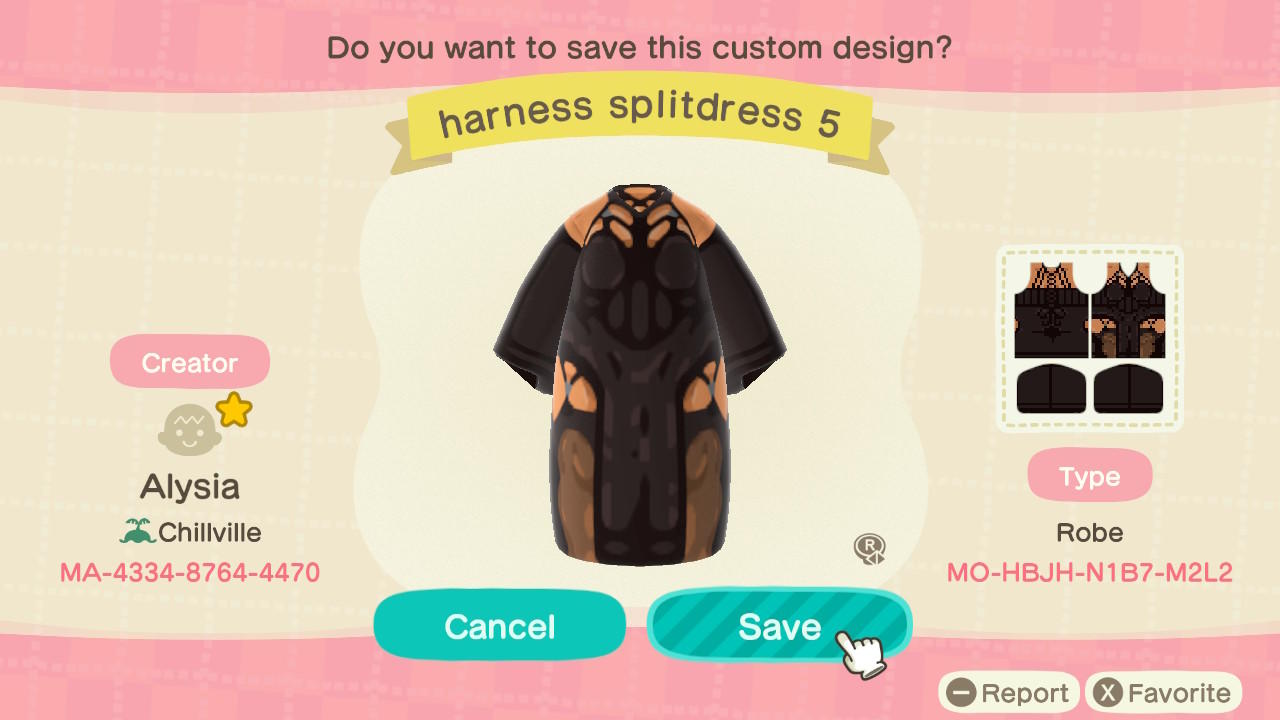 Animal Crossing Design Code: MO-HBJH-N1B7-M2L2 Harness SplitDress 5