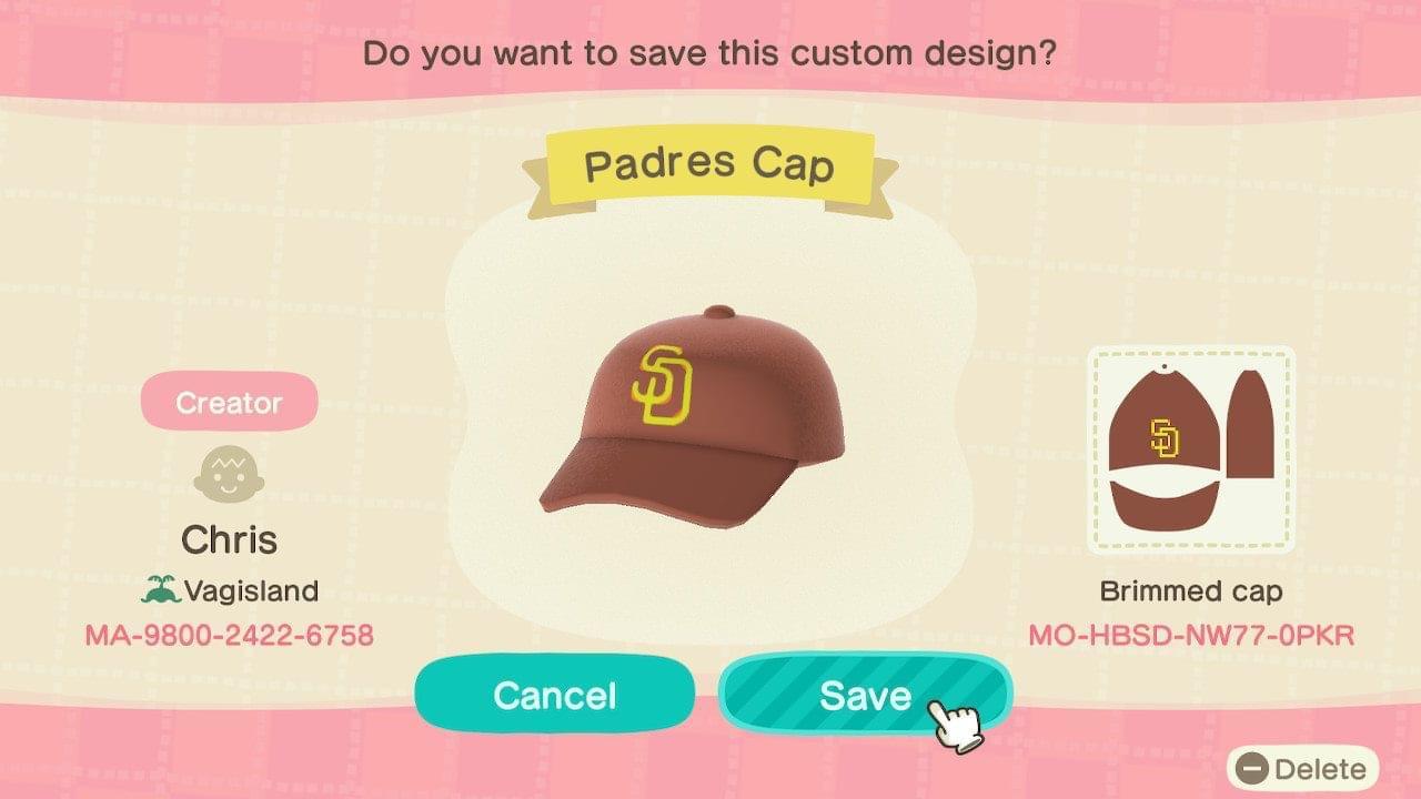 Animal Crossing Design Code: MO-HBSD-NW77-0PKR Padres Cap