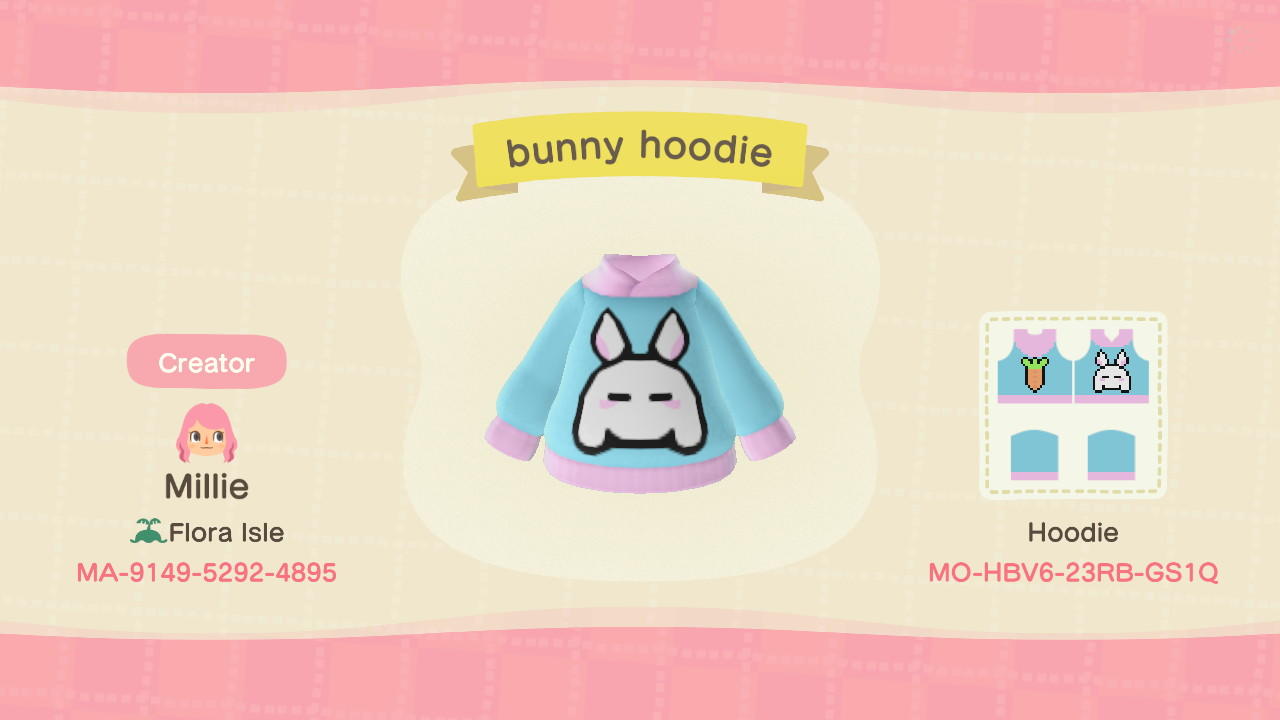 Animal Crossing Design Code: MO-HBV6-23RB-GS1Q bunny hoodie