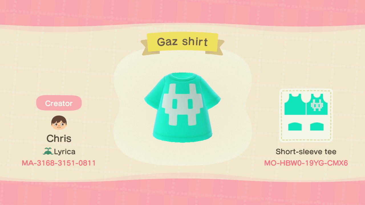 Animal Crossing Design Code: MO-HBW0-19YG-CMX6 Gaz shirt
