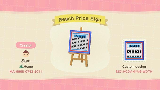 Animal Crossing Design Code: MO-HC0V-4YV6-WDTH Beachy Prices Sign