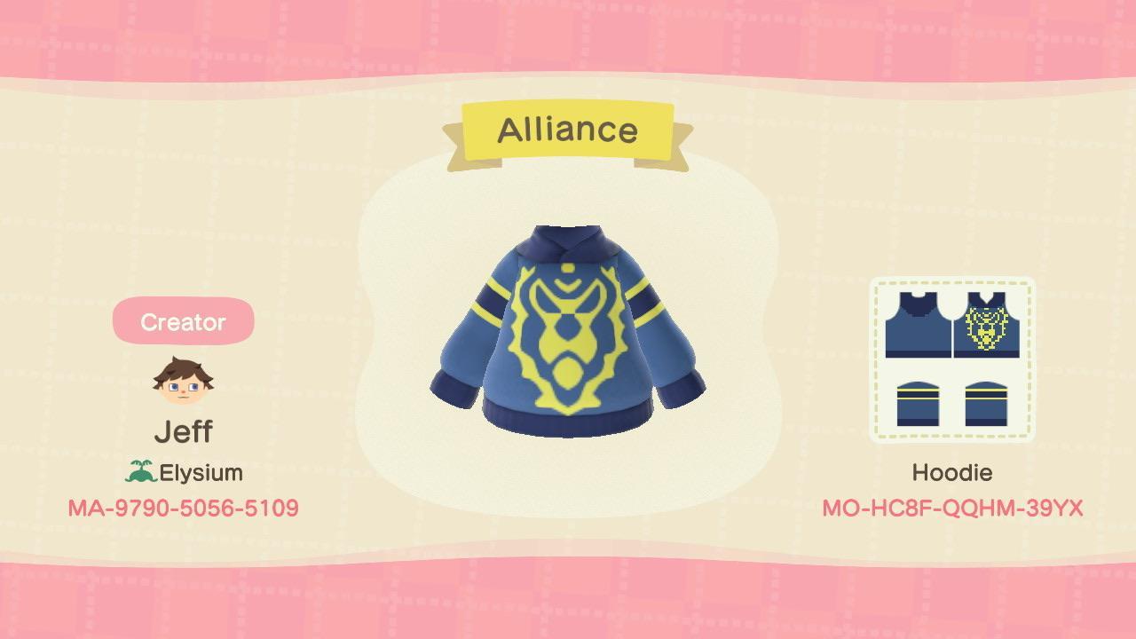 Animal Crossing Design Code: MO-HC8F-QQHM-39YX Alliance Hoodie