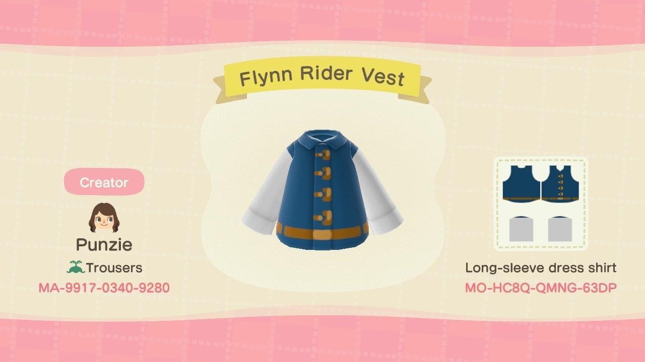 Animal Crossing Design Code: MO-HC8Q-QMNG-63DP Flynn Rider Vest