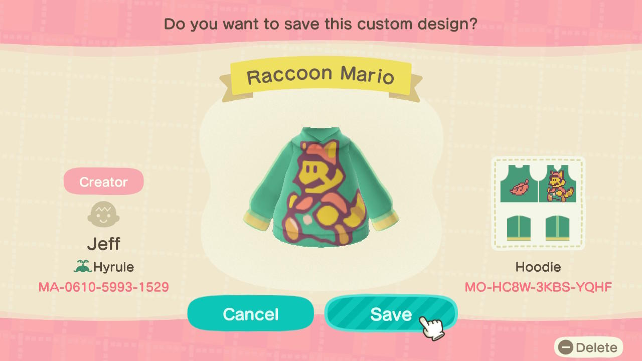 Animal Crossing Design Code: MO-HC8W-3KBS-YQHF Raccoon Mario