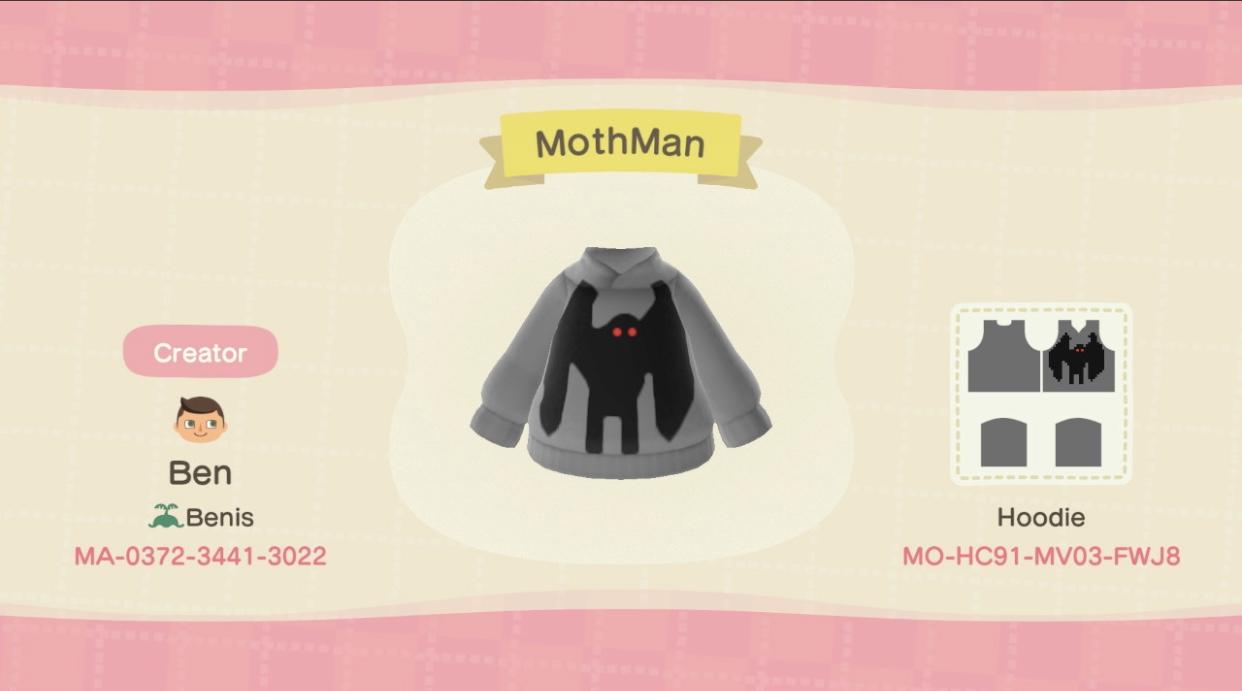 Animal Crossing Design Code: MO-HC91-MV03-FWJ8 Moth Man Hoodie