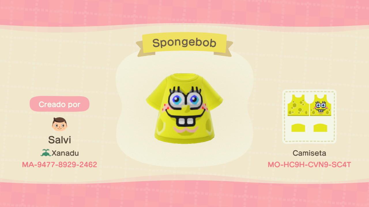 Animal Crossing Design Code: MO-HC9H-CVN9-SC4T Spongebob v2