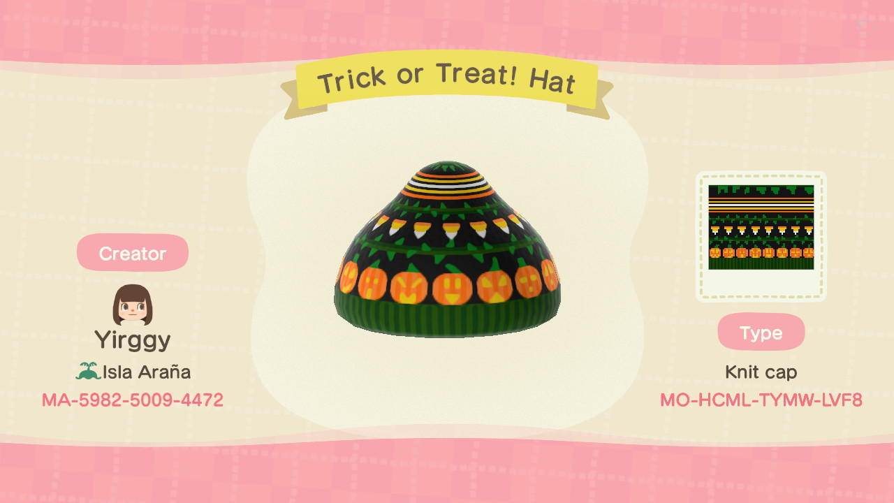 Animal Crossing Design Code: MO-HCML-TYMW-LVF8 Trick or Treat! Hat
