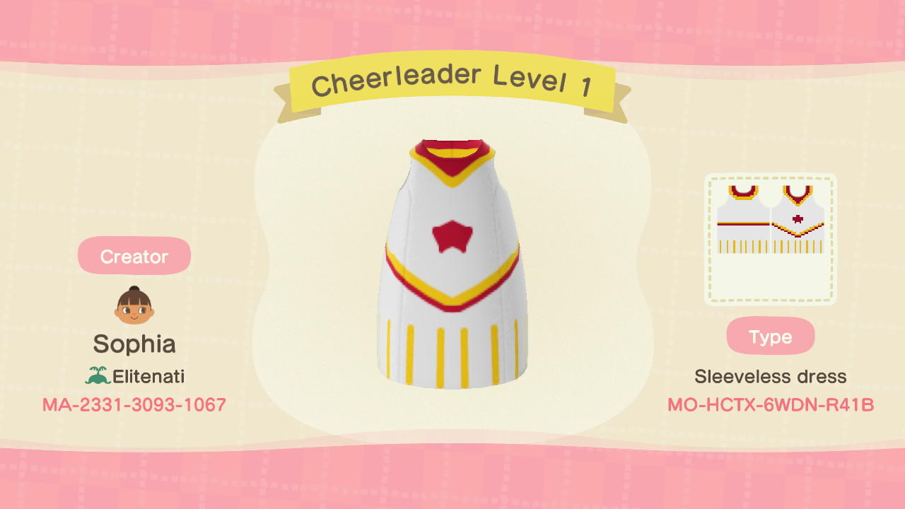 Animal Crossing Design Code: MO-HCTX-6WDN-R41B Cheerleader Level 1