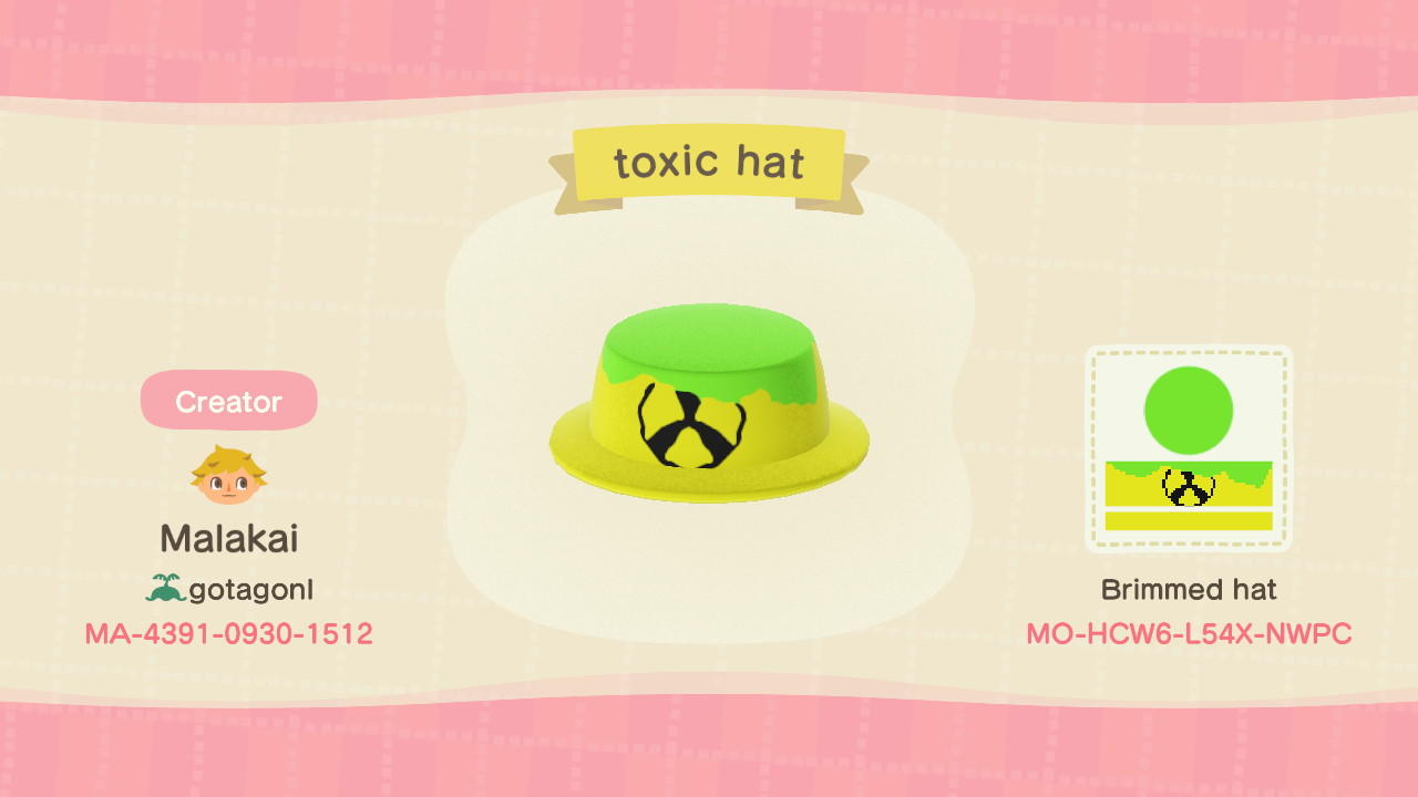 Animal Crossing Design Code: MO-HCW6-L54X-NWPC Toxic Hat
