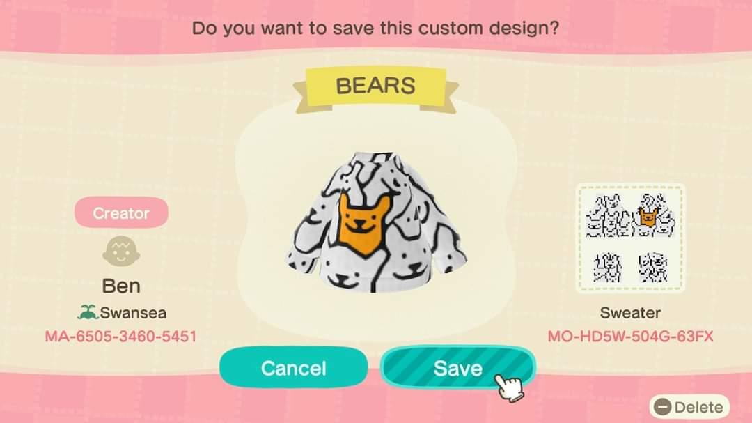 Animal Crossing Design Code: MO-HD5W-504G-63FX BEARS